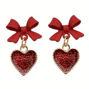 Glitter red heart and red bow enamel small drop earrings for women or girls nwt